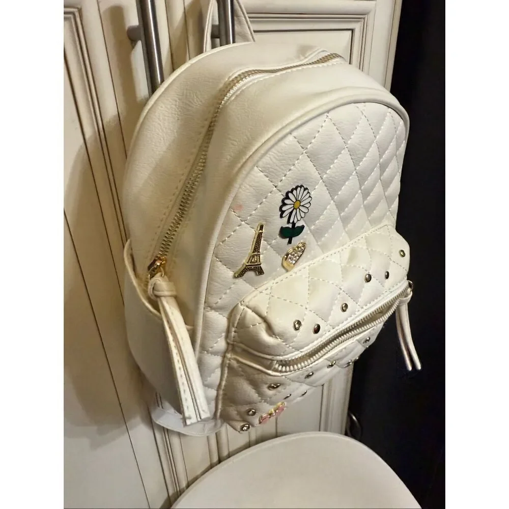 UnderOneSky Women's Quilted Heart & Flower Charm Mini Backpack White Small